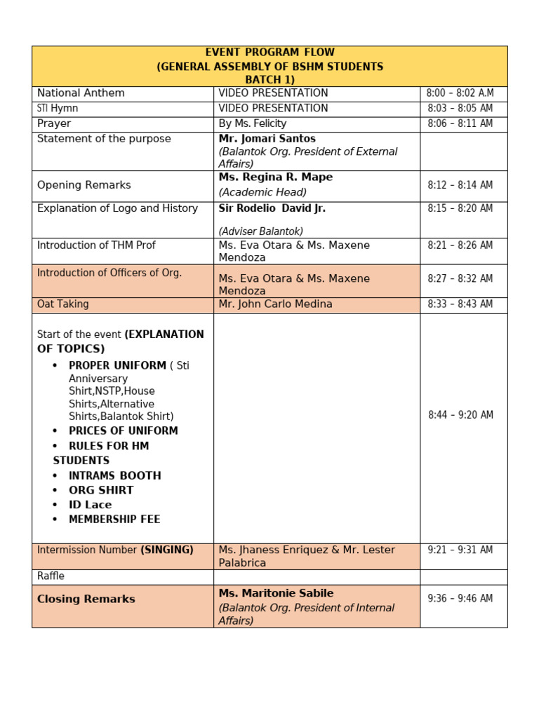 BSHM Students General Assembly Program | PDF