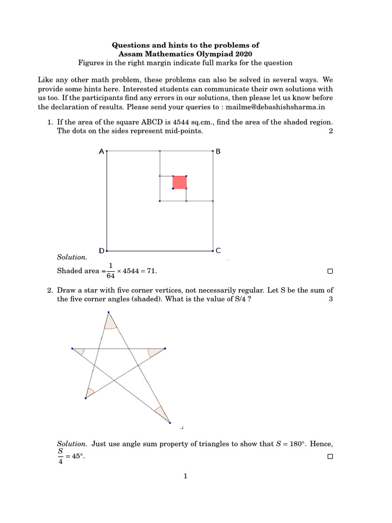 Assam Mathematics Olympiad 2020 Solutions | PDF | Triangle | Mathematics