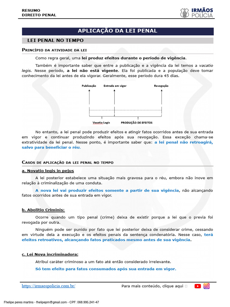 1 - Da Aplicação Da Lei Penal. | PDF | Crimes | Crime e Violência