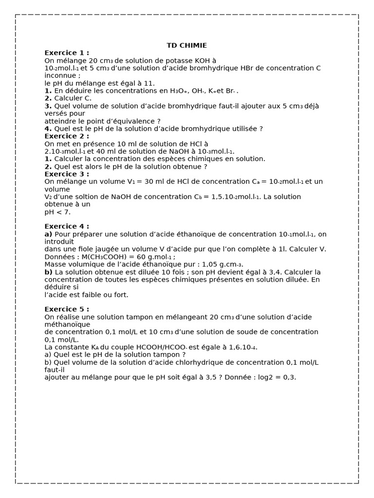 Exercices de chimie sur les pH et solutions | PDF