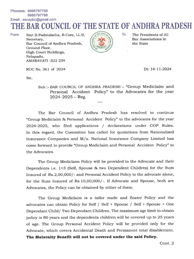 Bar Council Circular On Insurance Policy Dated 14-11-2024 | PDF