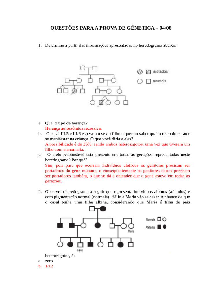 Questões Para A Prova De Génetica Eloiny Pdf