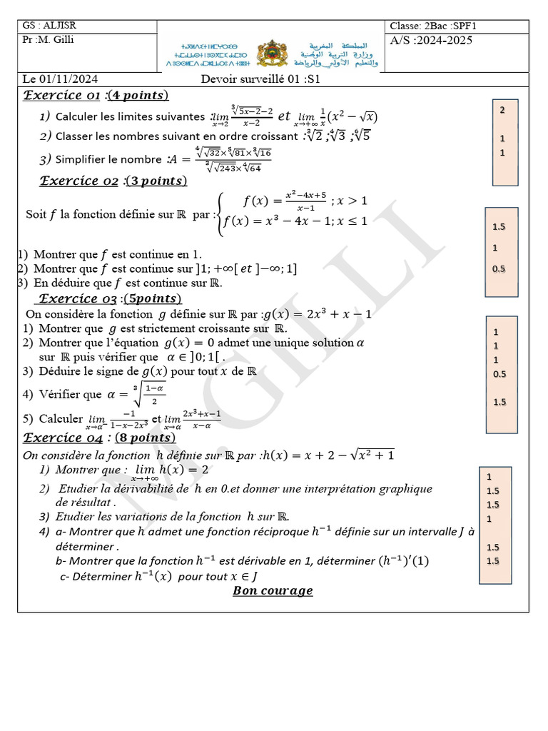 Devoir de mathématiques 2Bac SPF1 | PDF | Fonction monotone | Analyse ...