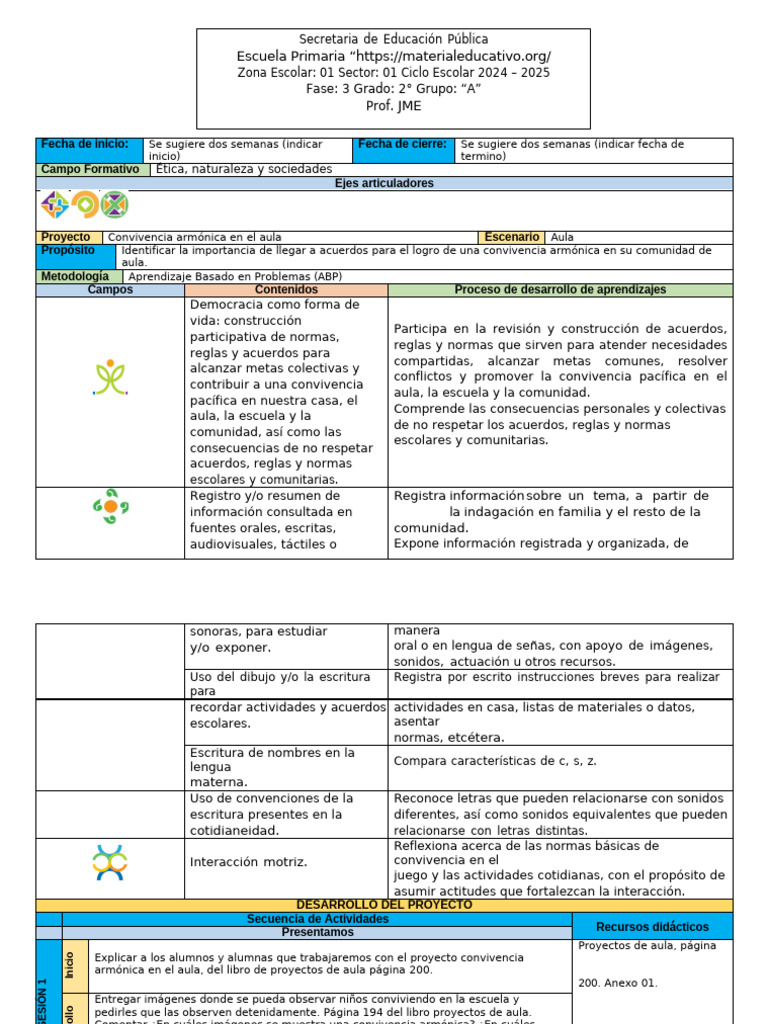 Proyecto de Convivencia Armónica en Aula | PDF | Salón de clases ...