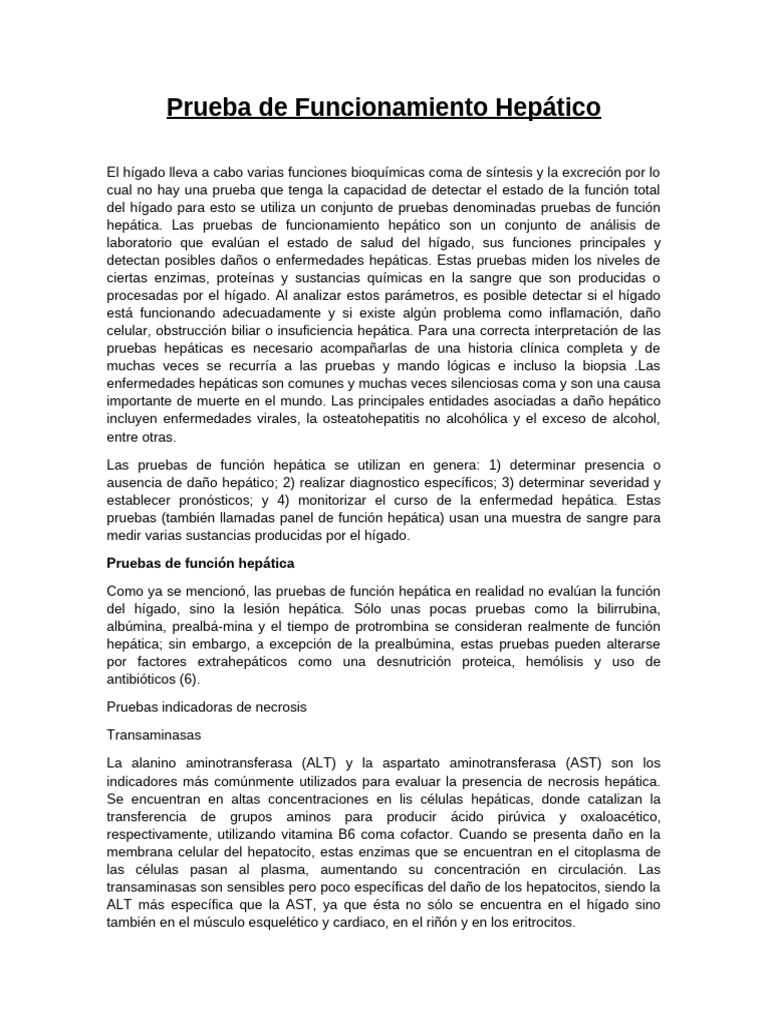 Prueba de Funcionamiento Hepático | PDF | Hepatitis | Transaminasa