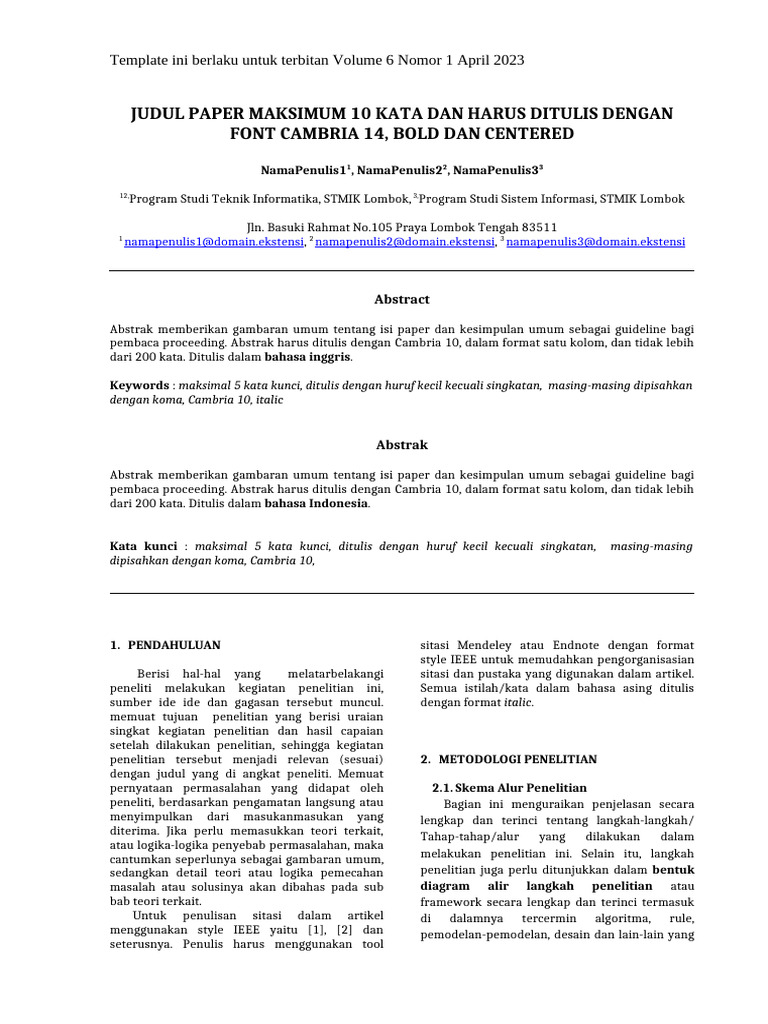 Panduan Penulisan Paper Volume 6 Nomor 1 | PDF
