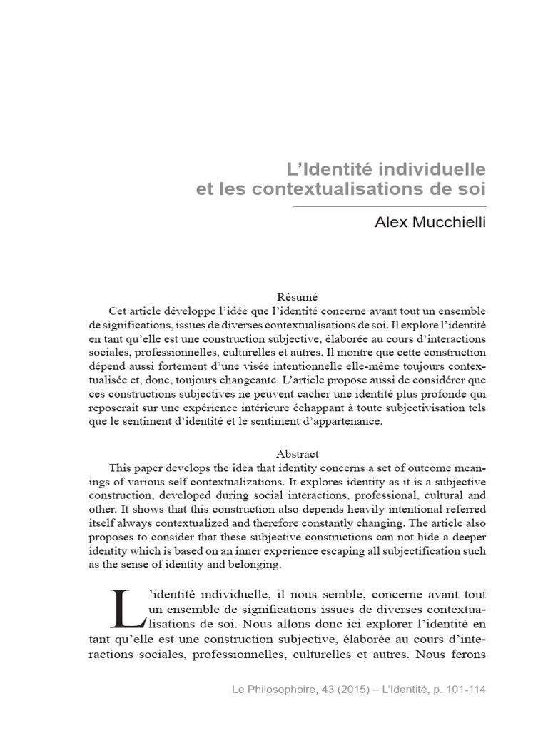 Identité individuelle et contextualisations | PDF | Identité (Science ...