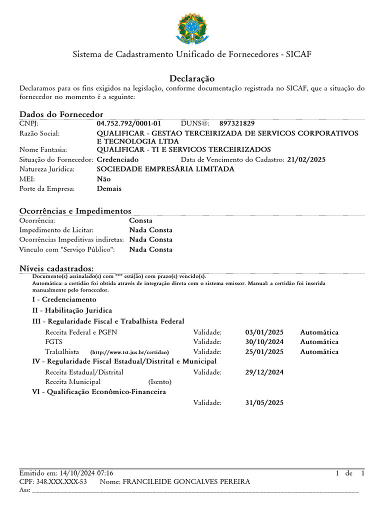 Sistema de Cadastramento Unificado de Fornecedores - SICAF: Declaração ...