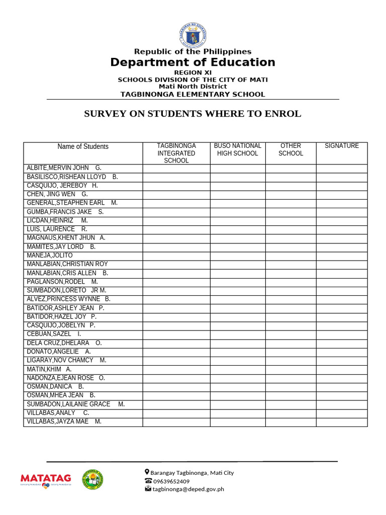 Student Enrollment Survey - Tagbinonga School | PDF