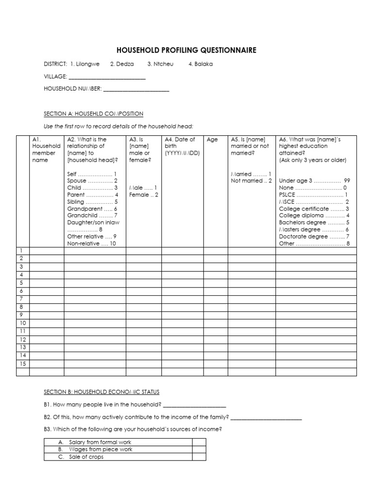 Household Profiling Questionnaire Template | PDF