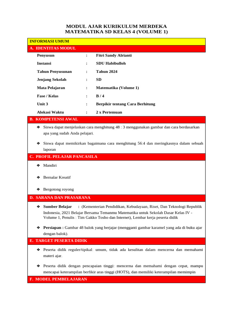 Modul Ajar Matematika SD Kelas 4 | PDF
