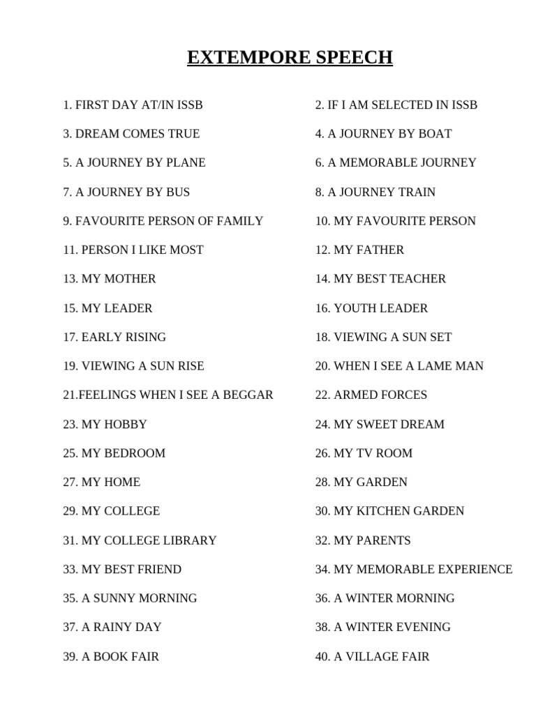 Topics for Extempore Speech Practice | PDF
