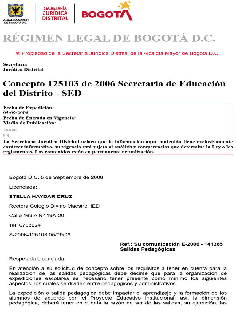 Salidas Pedagógicas Sedbogotá Concepto 125103 de 2006 Secretaría de ...