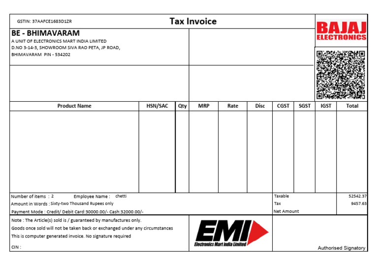 Tax Invoice for Electronics Purchase | PDF