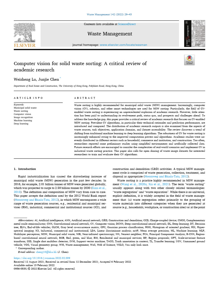 Computer Vision in Waste Sorting Review | PDF | Machine Learning ...