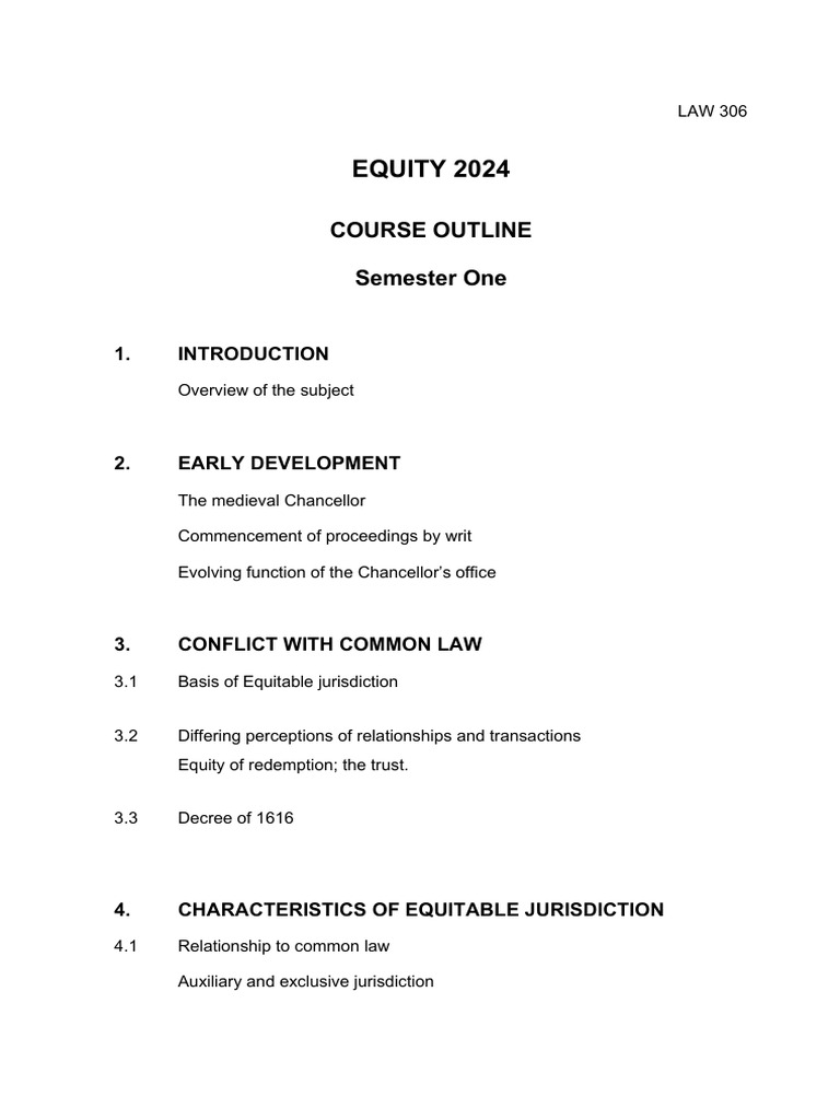 Equity Law Course Outline 2024 | PDF | Equity (Law) | Private Law