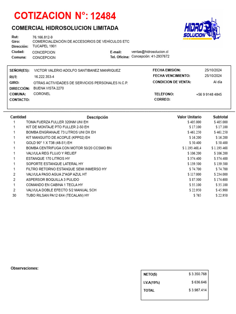 Cotizacion 12484 Victor Valerio Adolfo Santibanez Manriquez | PDF ...