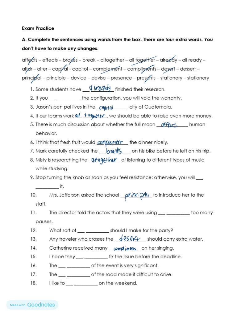 Grammar and Vocabulary Practice Exercises | PDF | Sentence (Linguistics ...