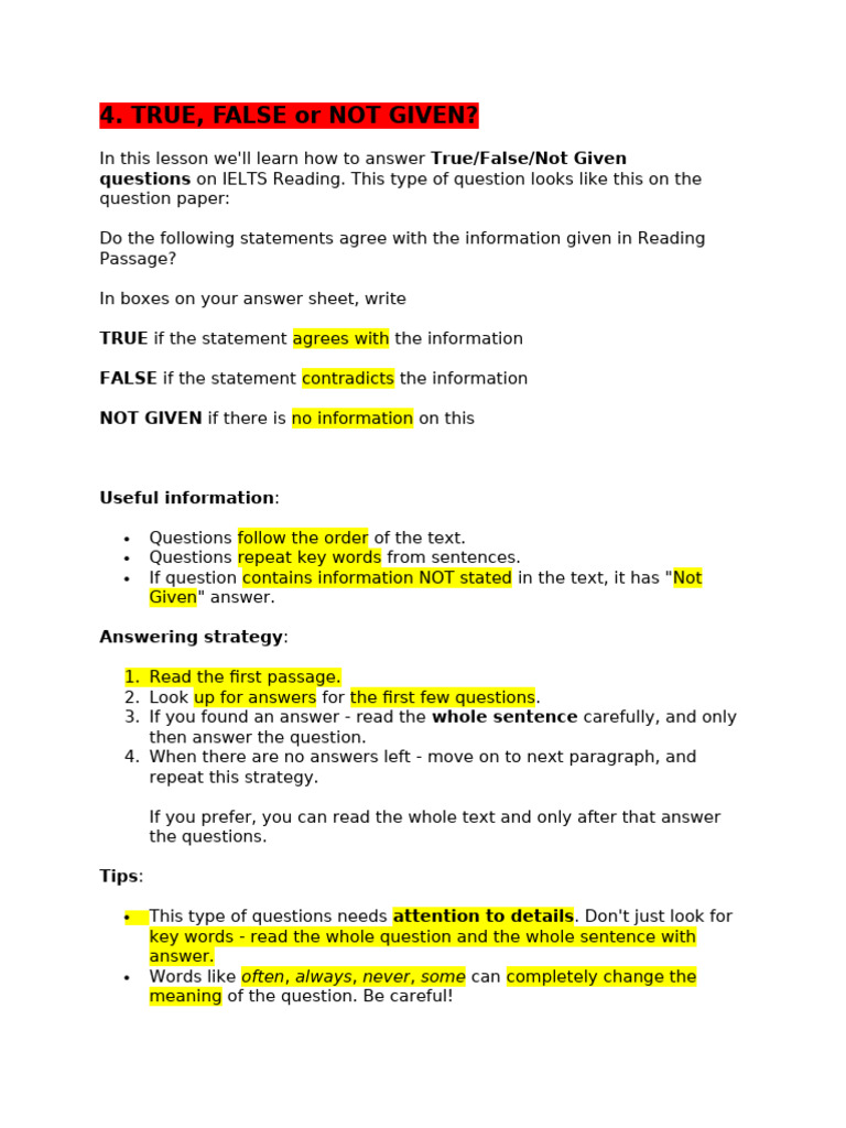 Lesson 4 True False Not Given | PDF | Cosmic Microwave Background ...