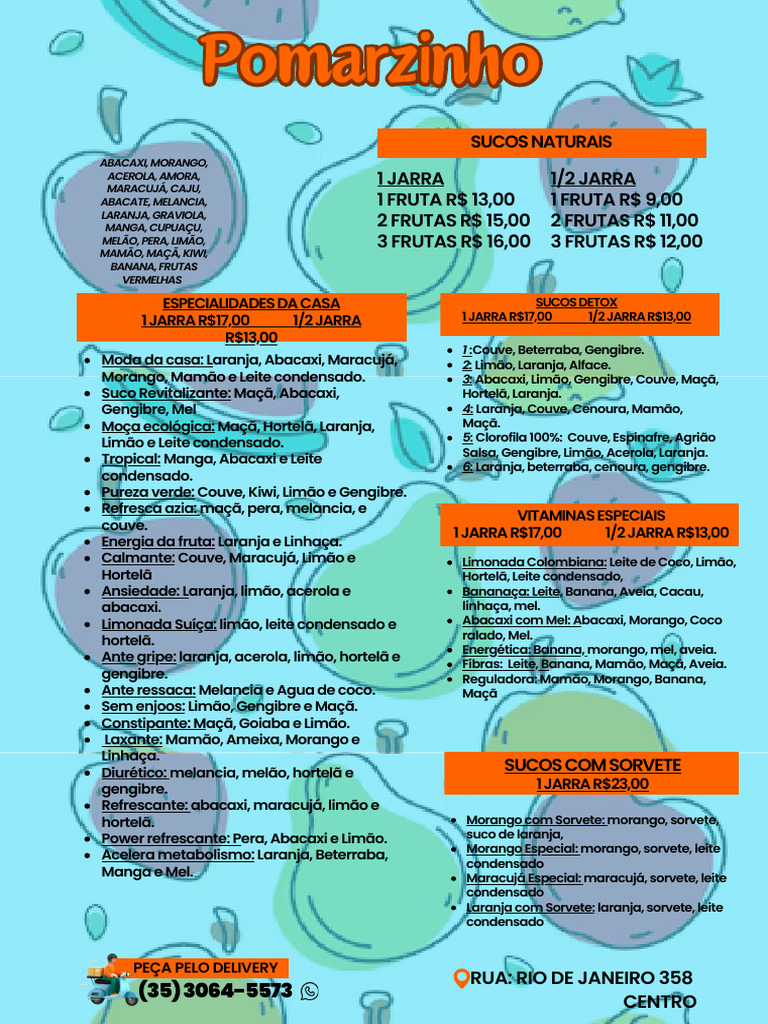 Cardápio de Sucos Naturais Pomarzinho | PDF | Hambúrgueres | Frutas ...