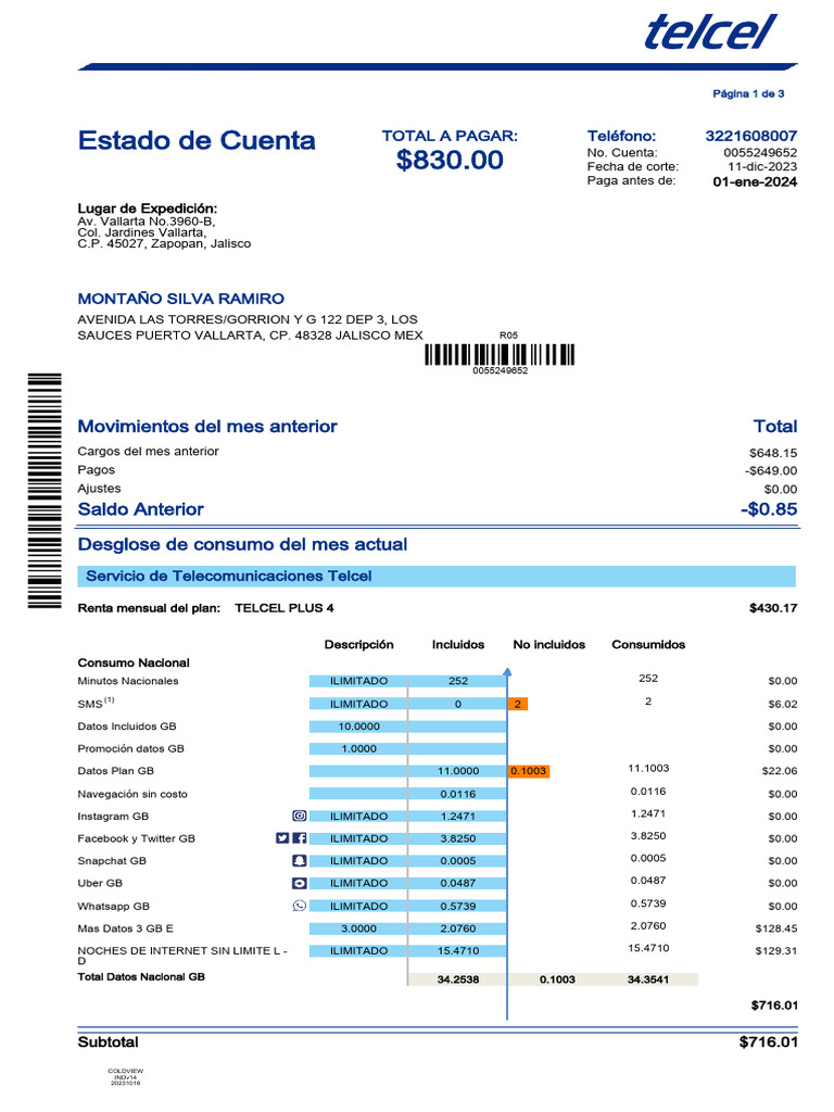 Estado de Cuenta Telcel - Diciembre 2023 | PDF | Industrias de servicio
