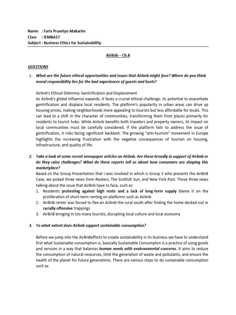 Airbnb S Ethical Challenges And Sustainability Pdf Sustainability
