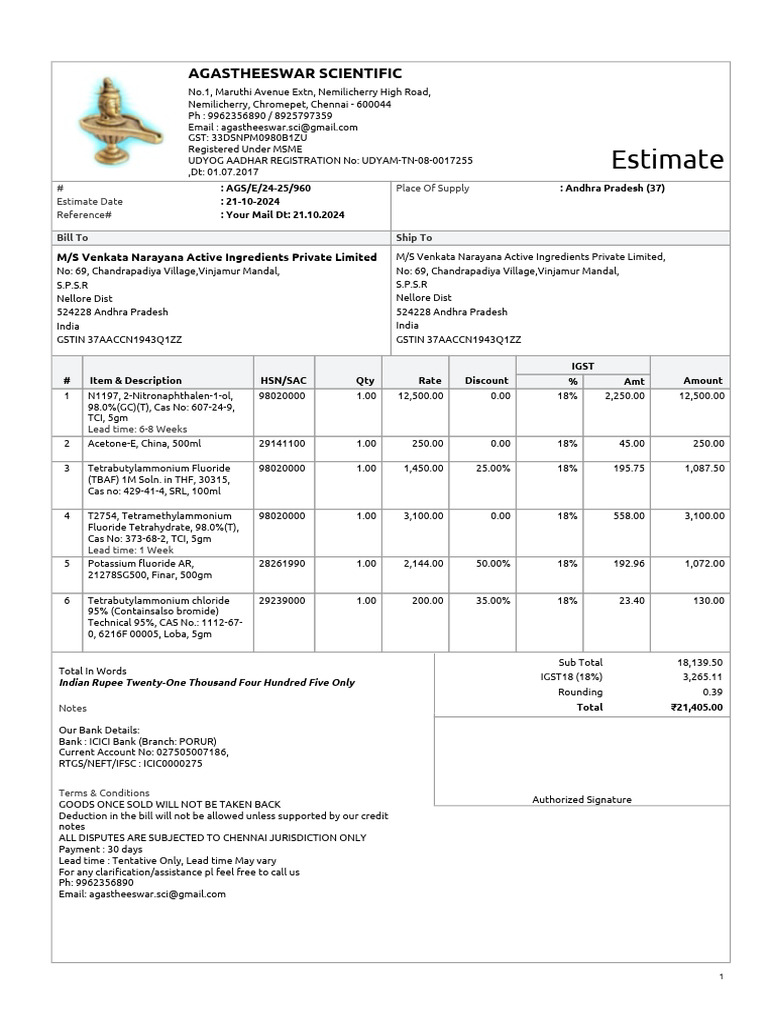 Invoice Estimate for Chemical Supplies | PDF | Government Finances ...