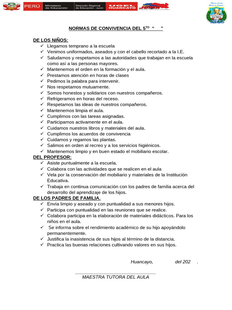 Normas de Convivencia Del 5to | PDF