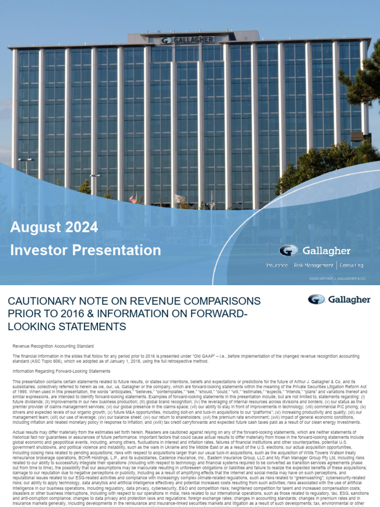 AJG August 2024 Ir Presentation Final | PDF | Mergers And Acquisitions |  Business Economics