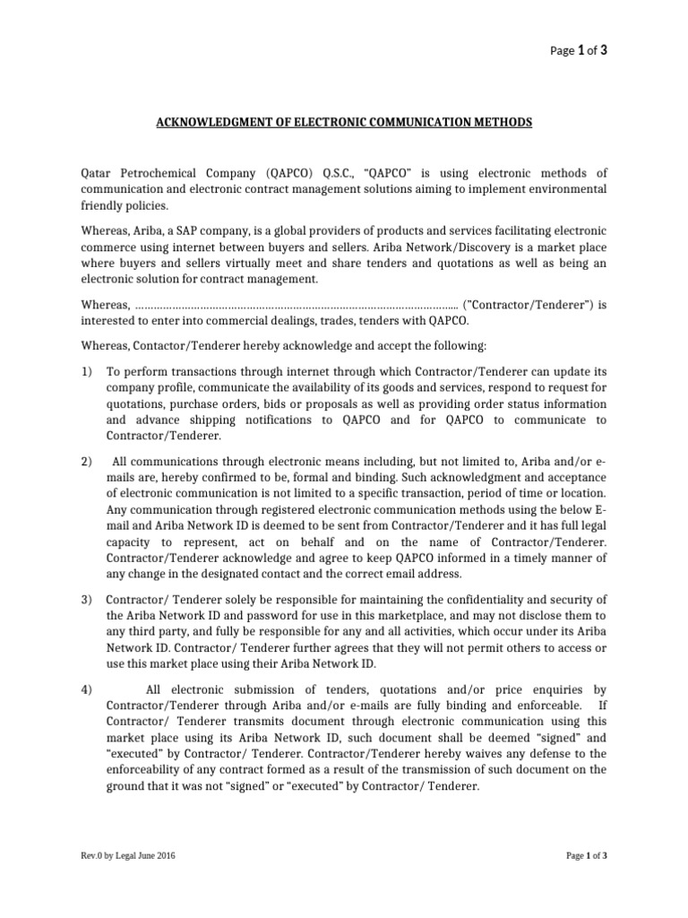 QAPCO Electronic Communication Acknowledgment | PDF | Indemnity | Legal ...