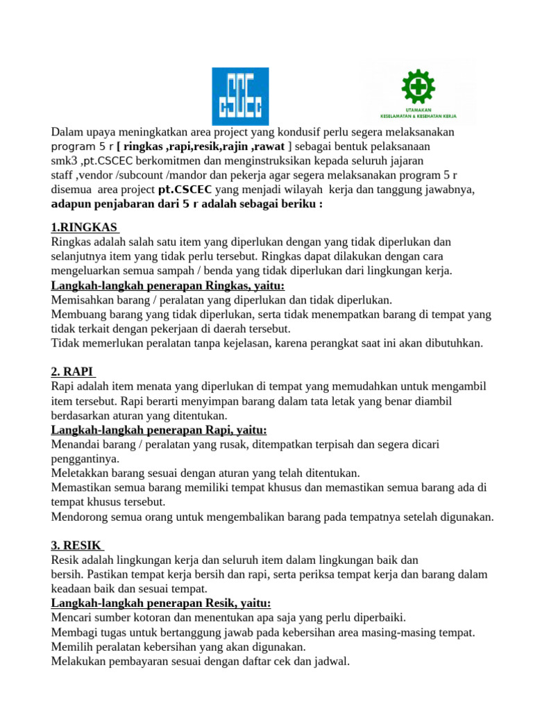 Implementasi Program 5R di PT.CSCEC | PDF