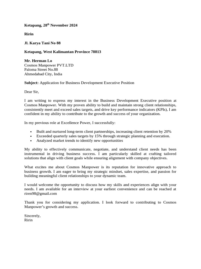 Application Letter Ririn | PDF