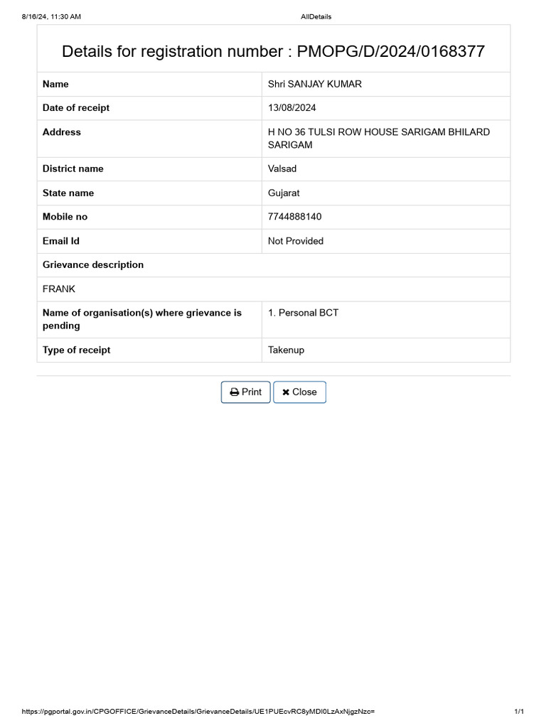 Grievance Registration Details for Sanjay Kumar | PDF