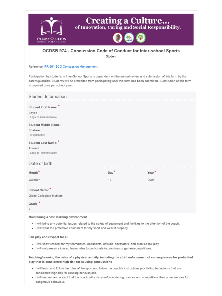 OCDSB 974 - Concussion Code of Conduct for Inter-s | PDF | Concussion