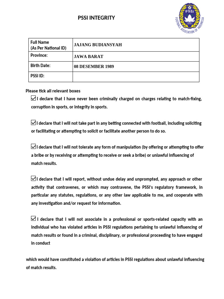 6-0628 - Draft - PSSI MOs Integrity Declaration | PDF | Bribery | Justice