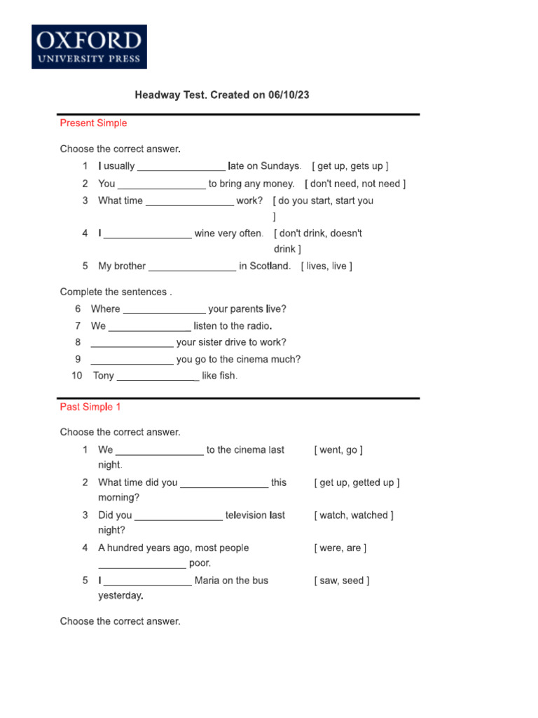 Basic Tenses Test PDF