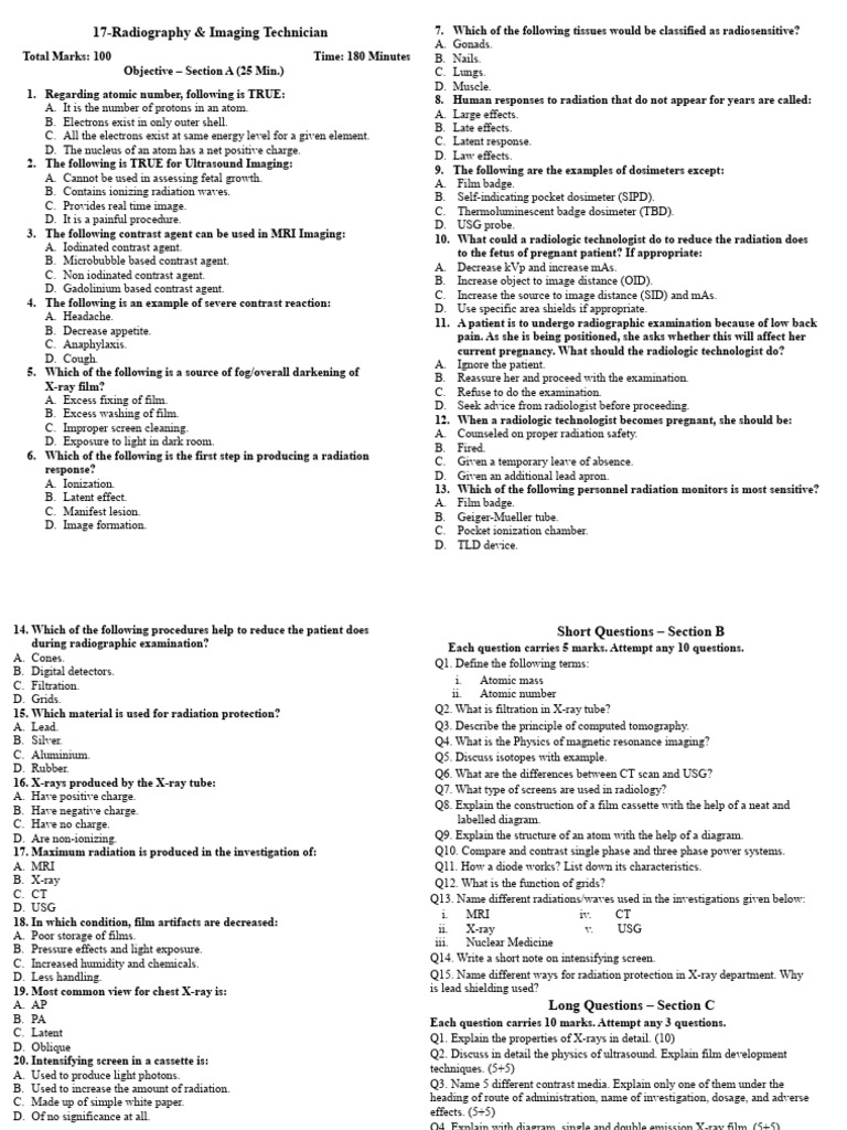 Radiography & Imaging Technician Exam | PDF | Medical Imaging | Radiography
