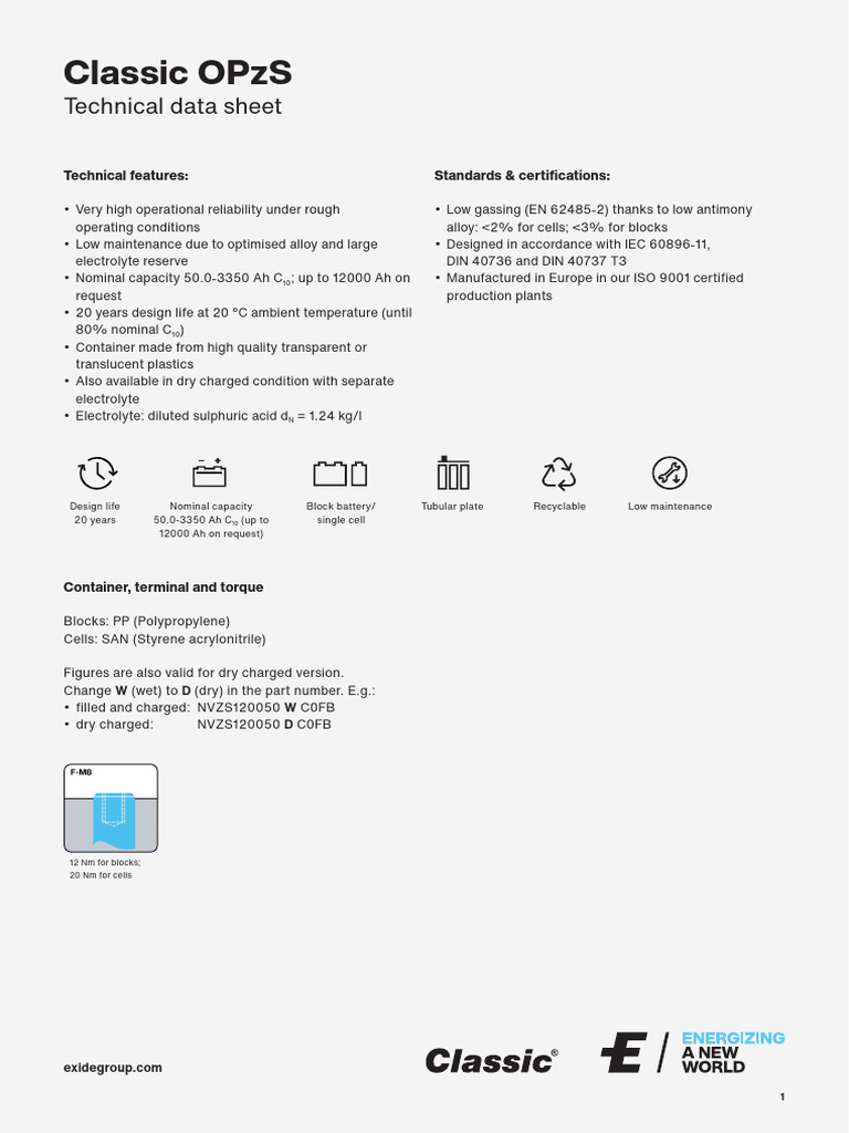 OPzS 150 Technical Data Sheet | PDF