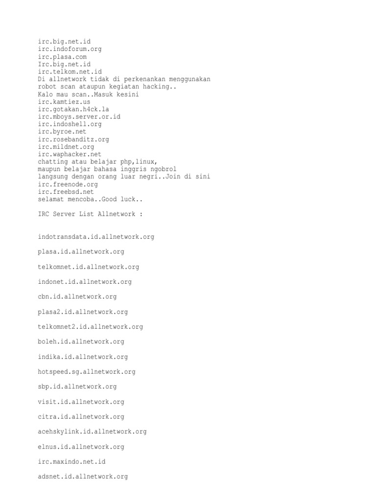IRC Server List for Allnetwork Users | PDF | Home & Garden | Computers