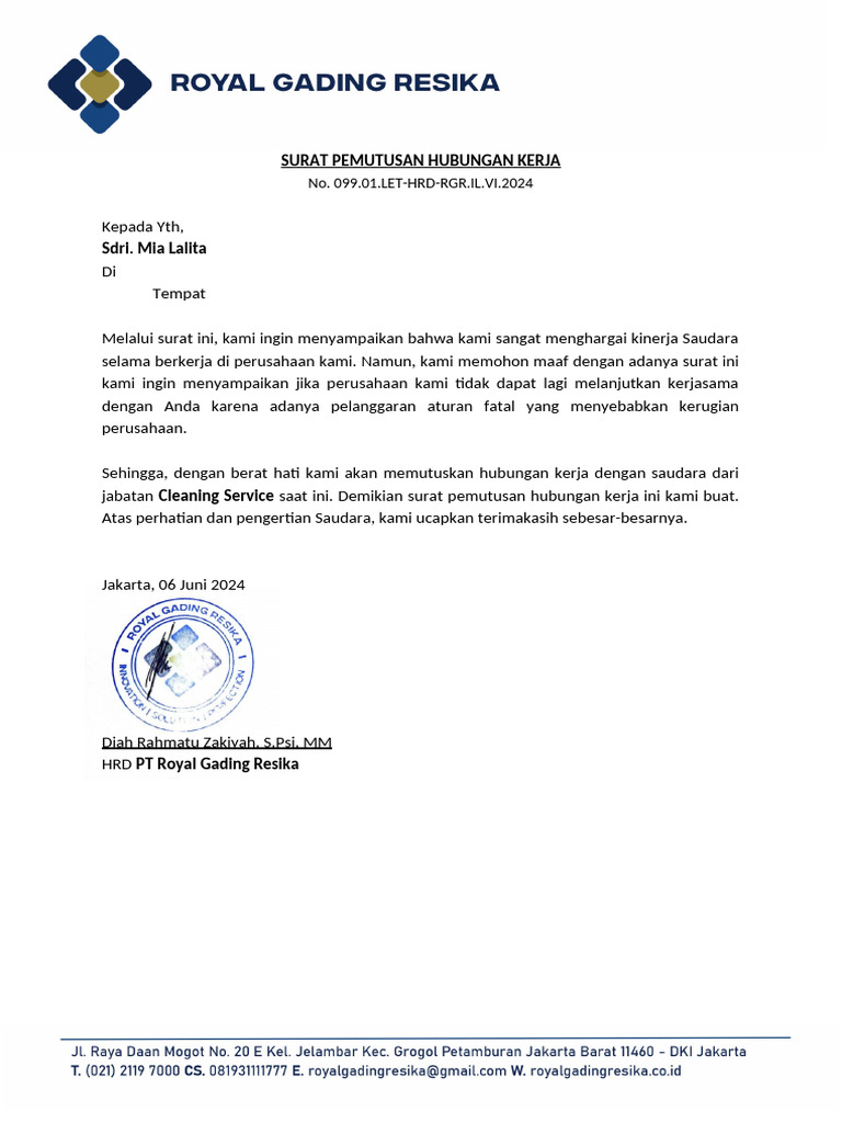 Surat Pemecatan Karyawan Bermasalah | PDF