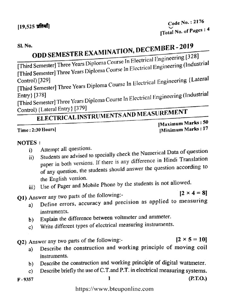 Ee Ic 3 Sem Electrical Instruments and Measurement 2176 Dec 2019 | PDF