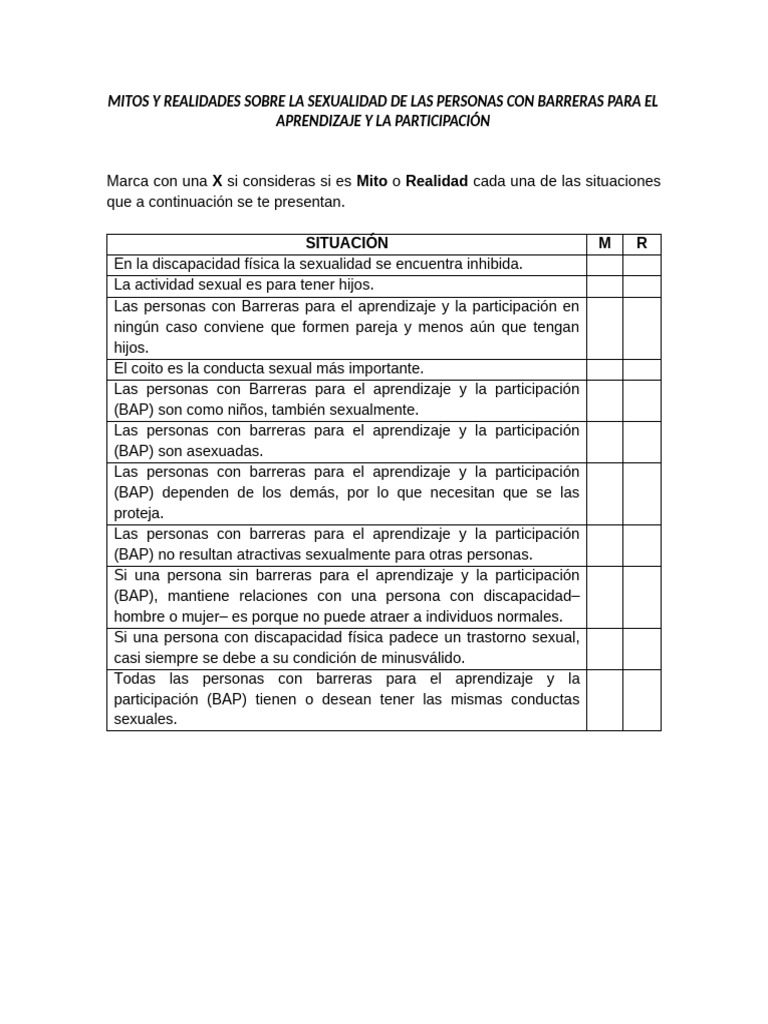 MITOS Y REALIDADES SOBRE LA SEXUALIDAD DE LAS PERSONAS CON BARRERAS ...