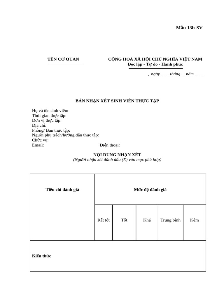 Mau 13b Sv Ban Nhan Xet Sv Thuc Tap Danh Cho Kltn Bao Ve Truoc H Pdf