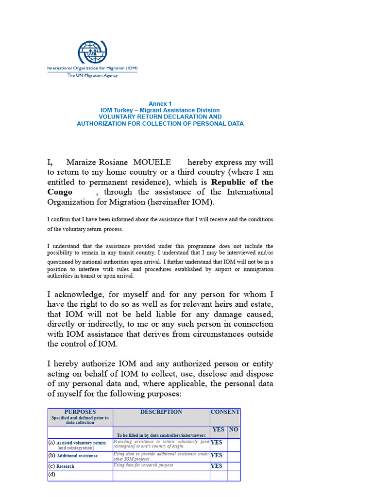 IOM Turkey Voluntary Return Form | PDF | International Organization For ...