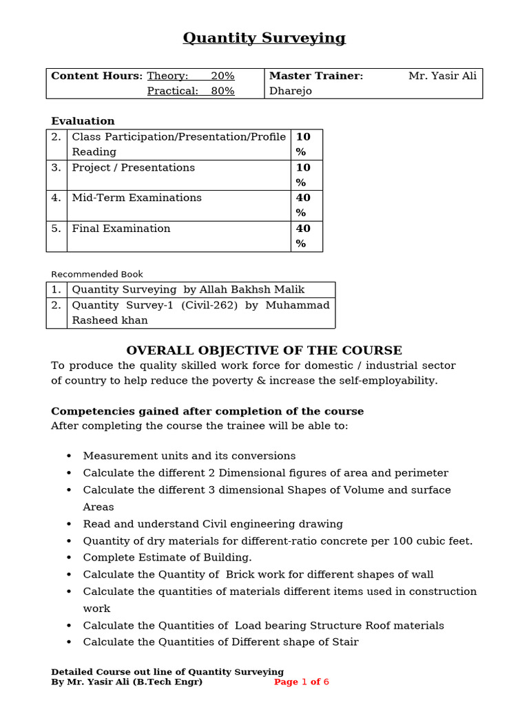 Quantity Surveying Course Overview | PDF | Area | Shape