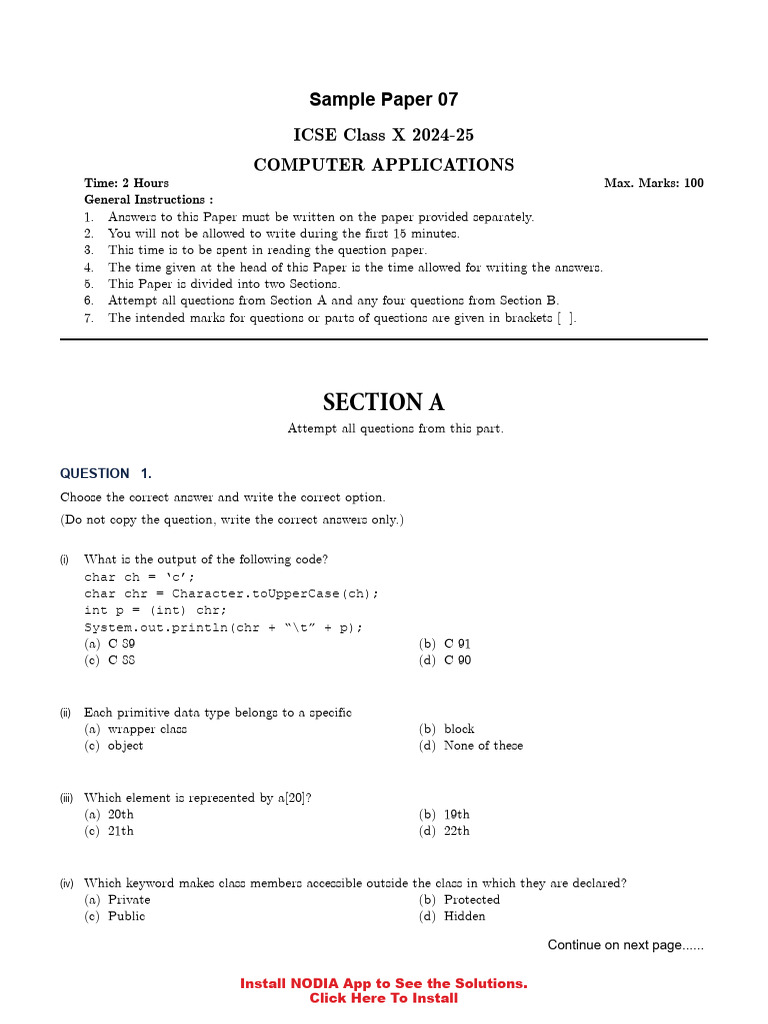 ICSE Class 10 Computer Applications Sample Paper | PDF | Method ...
