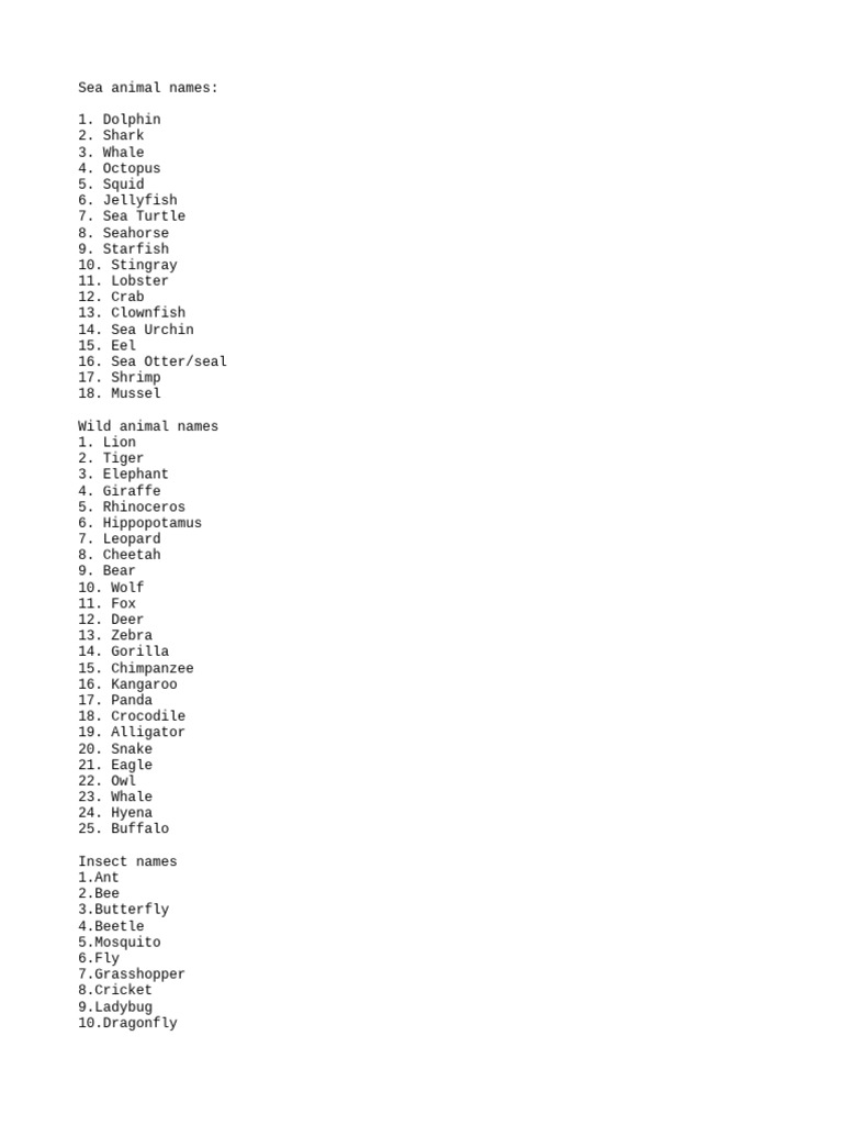Animal Names by Category | PDF