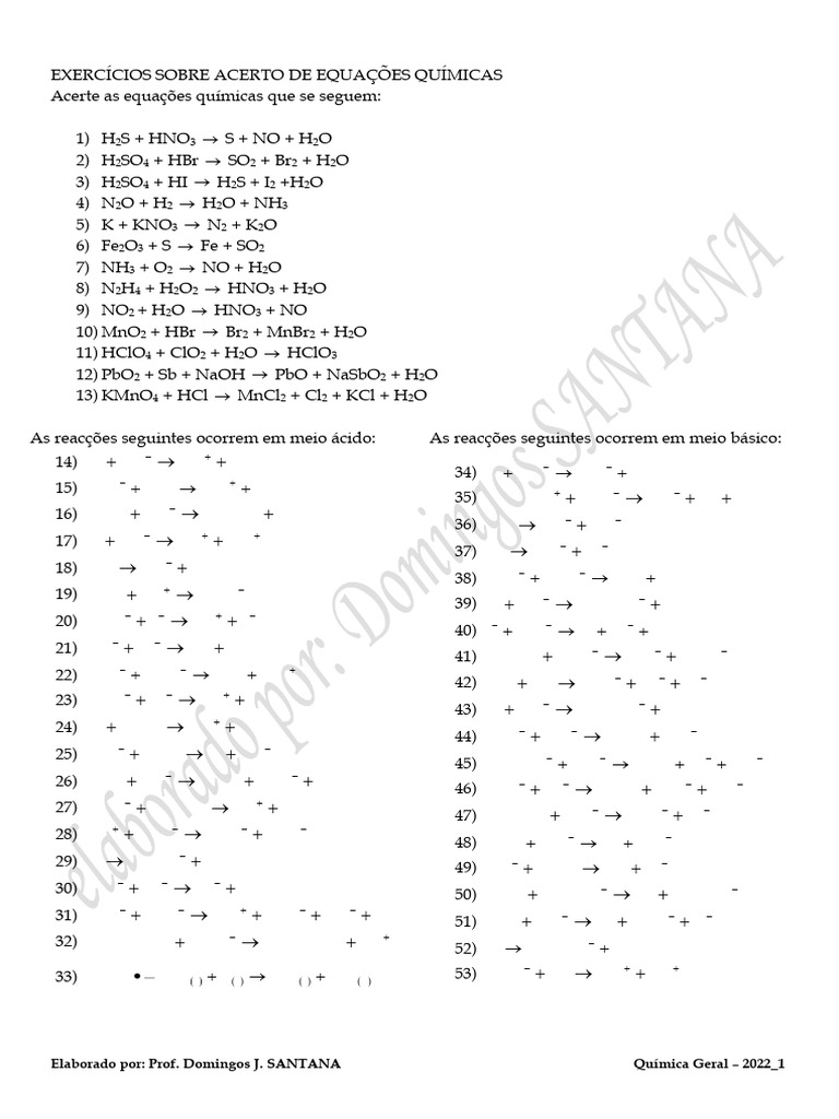 Exercícios Sobre Acerto de Equações Químicas | PDF