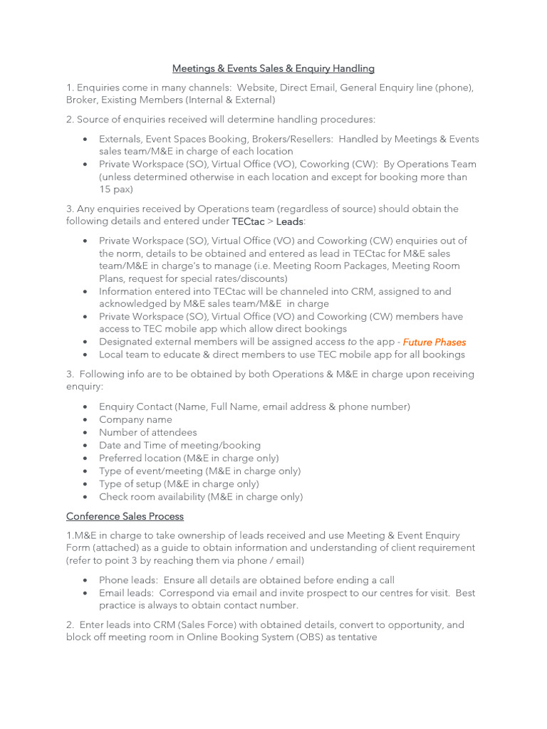 M&E Sales & Enquiry Handling Process - April 22 | PDF | Business
