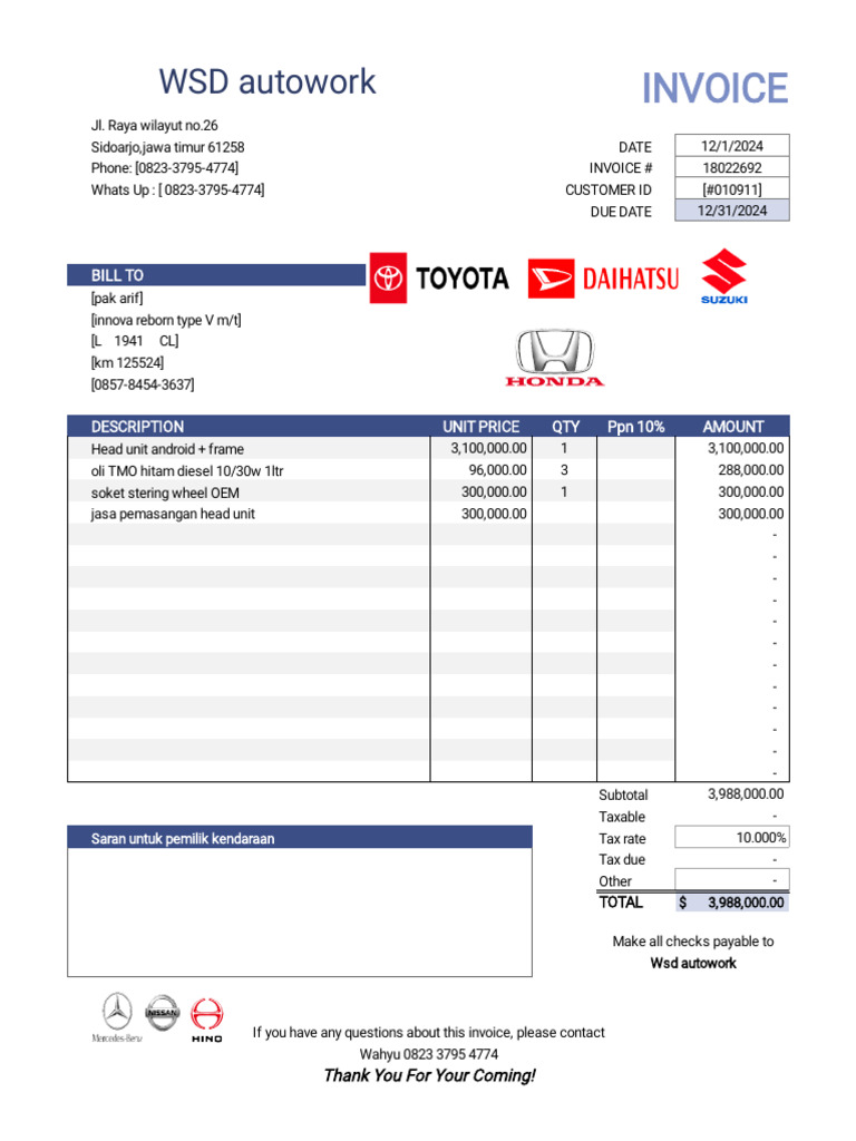 WSD Autowork Invoice for Vehicle Services | PDF | Accounting | Business ...